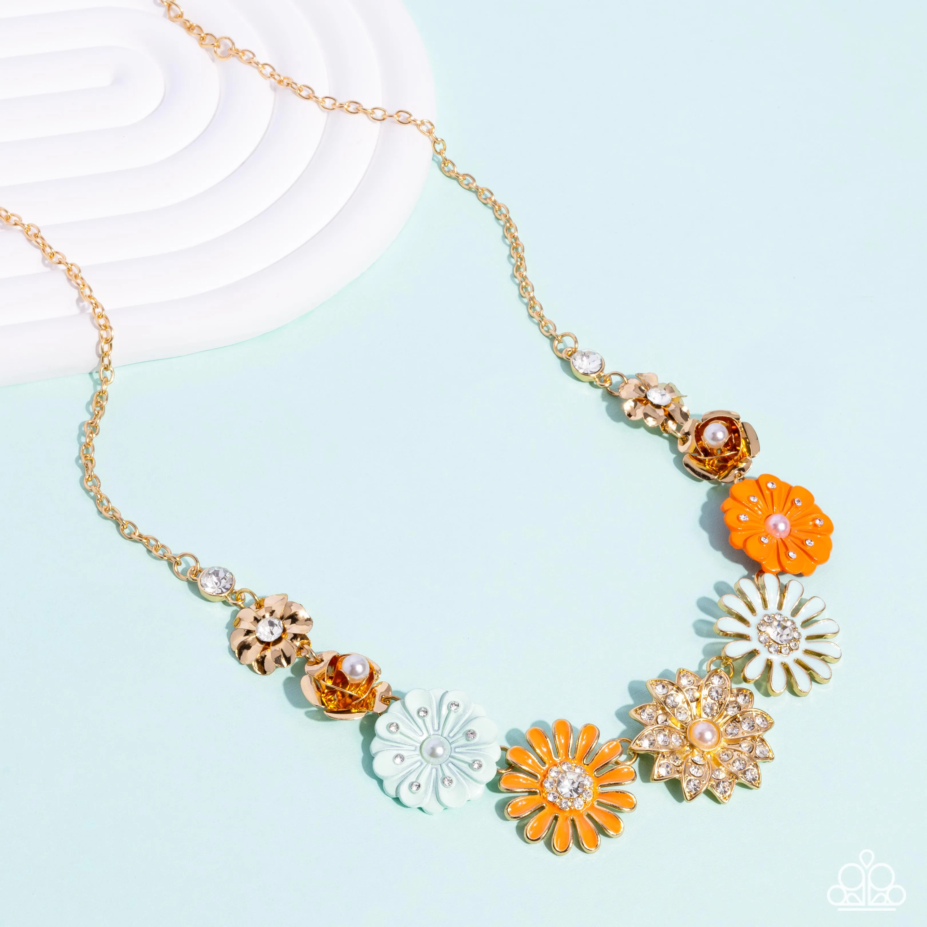 Garden Gesture - Multi - Gold, Green, and Orange Flower Paparazzi Short Necklace - July 2024 Life of the Party Exclusive