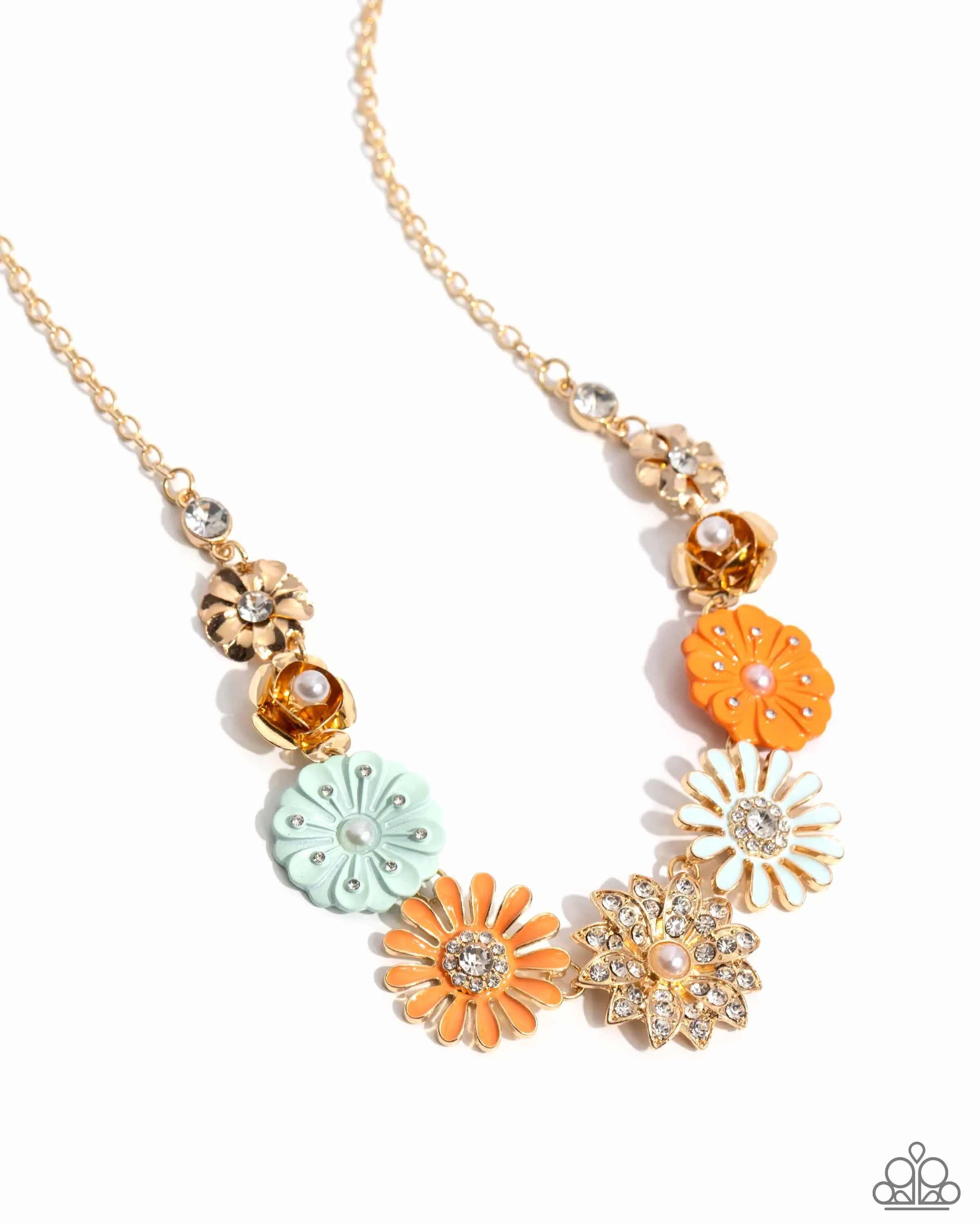 Garden Gesture - Multi - Gold, Green, and Orange Flower Paparazzi Short Necklace - July 2024 Life of the Party Exclusive