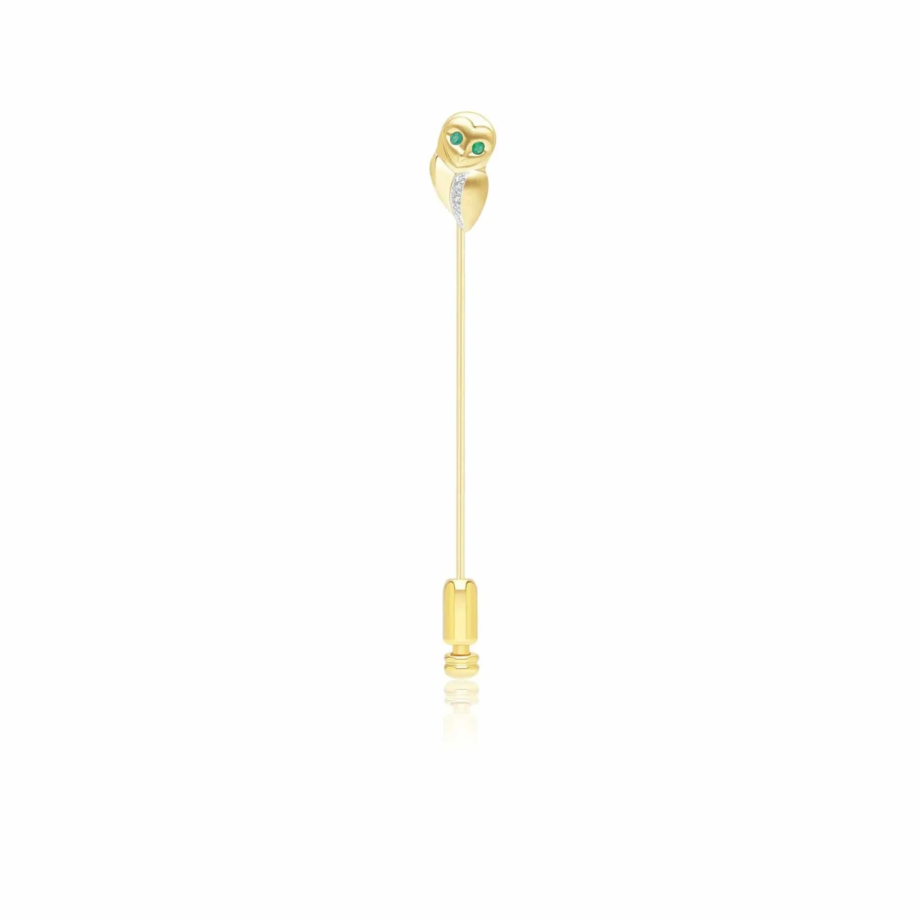 Gardenia Emerald and White Sapphire Owl Lapel Pin in 9ct Yellow Gold