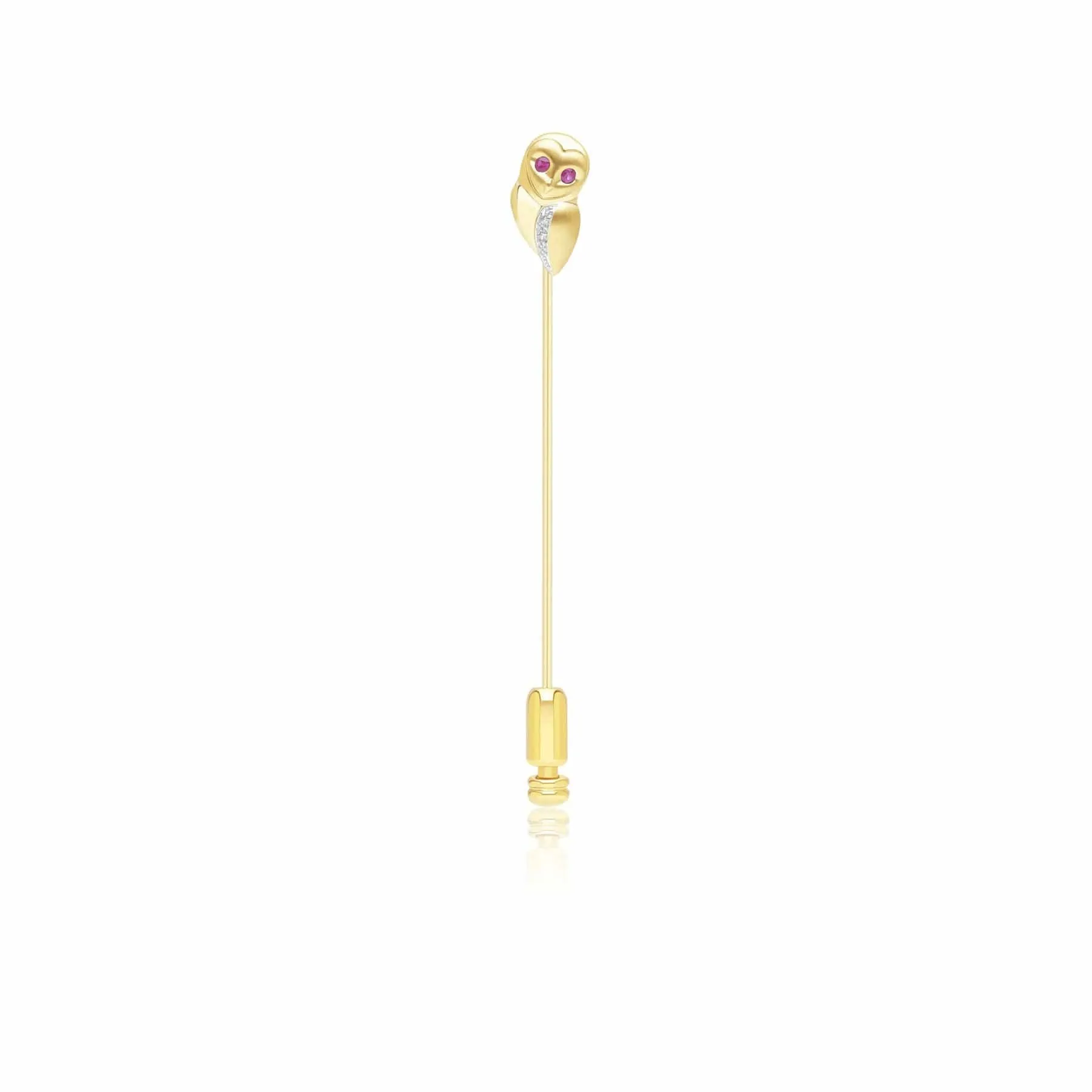 Gardenia Ruby and White Sapphire Owl Lapel Pin in 9ct Yellow Gold