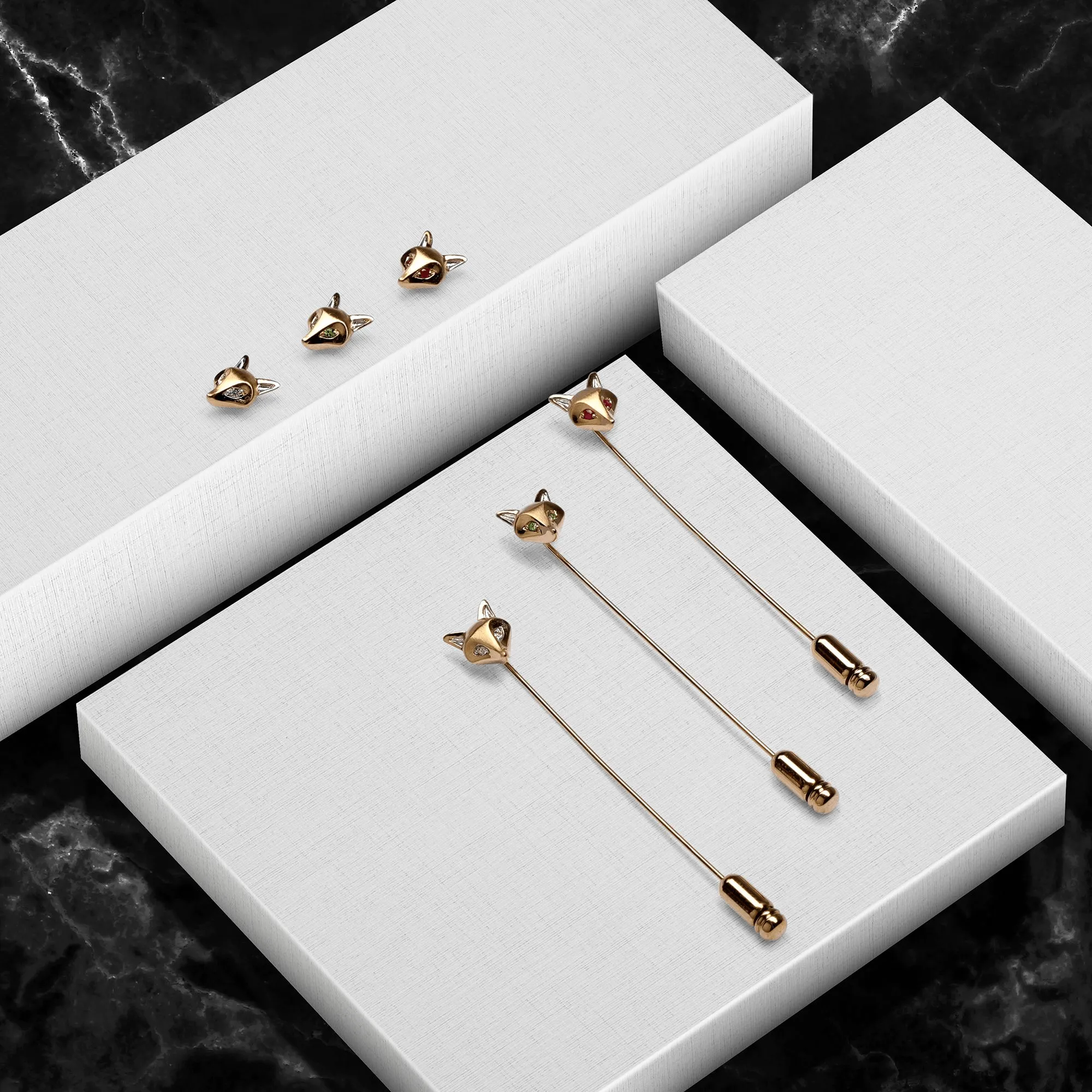 Gardenia White Sapphire Fox Lapel Pin  In 9ct Yellow Gold