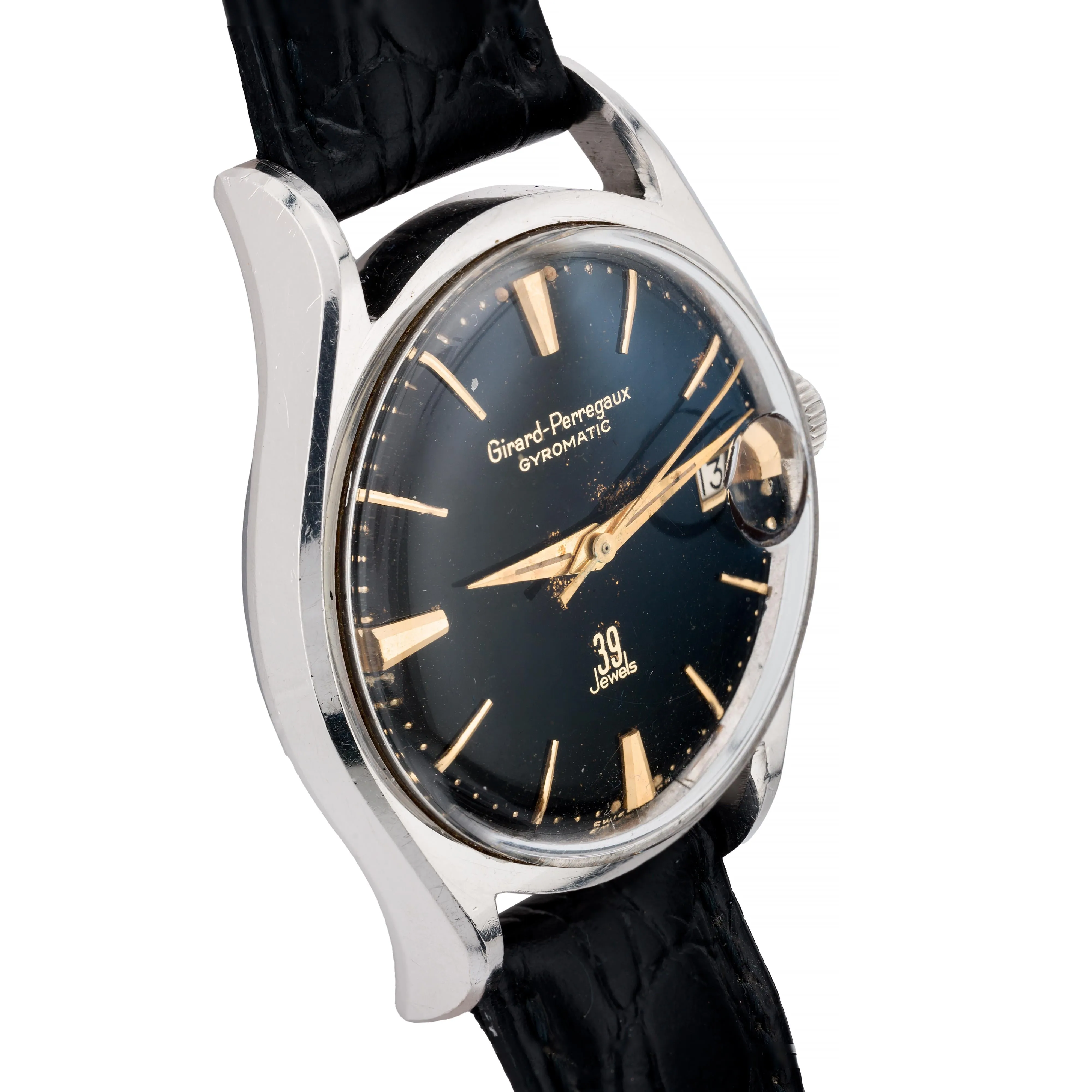 Girard Perregaux Gyromatic Vintage Black Gilt Dial Bombe Lug 1960's Mens Watch