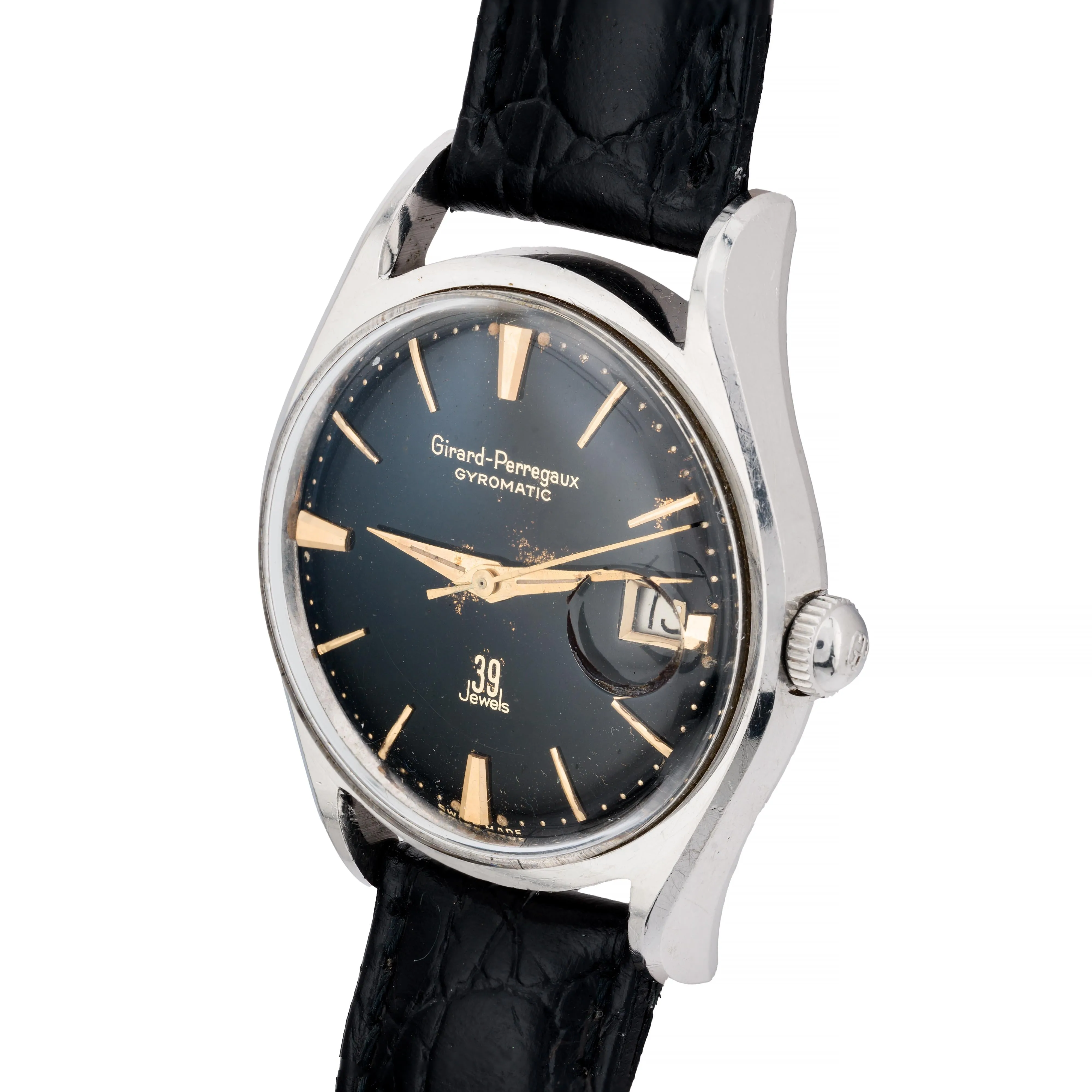 Girard Perregaux Gyromatic Vintage Black Gilt Dial Bombe Lug 1960's Mens Watch