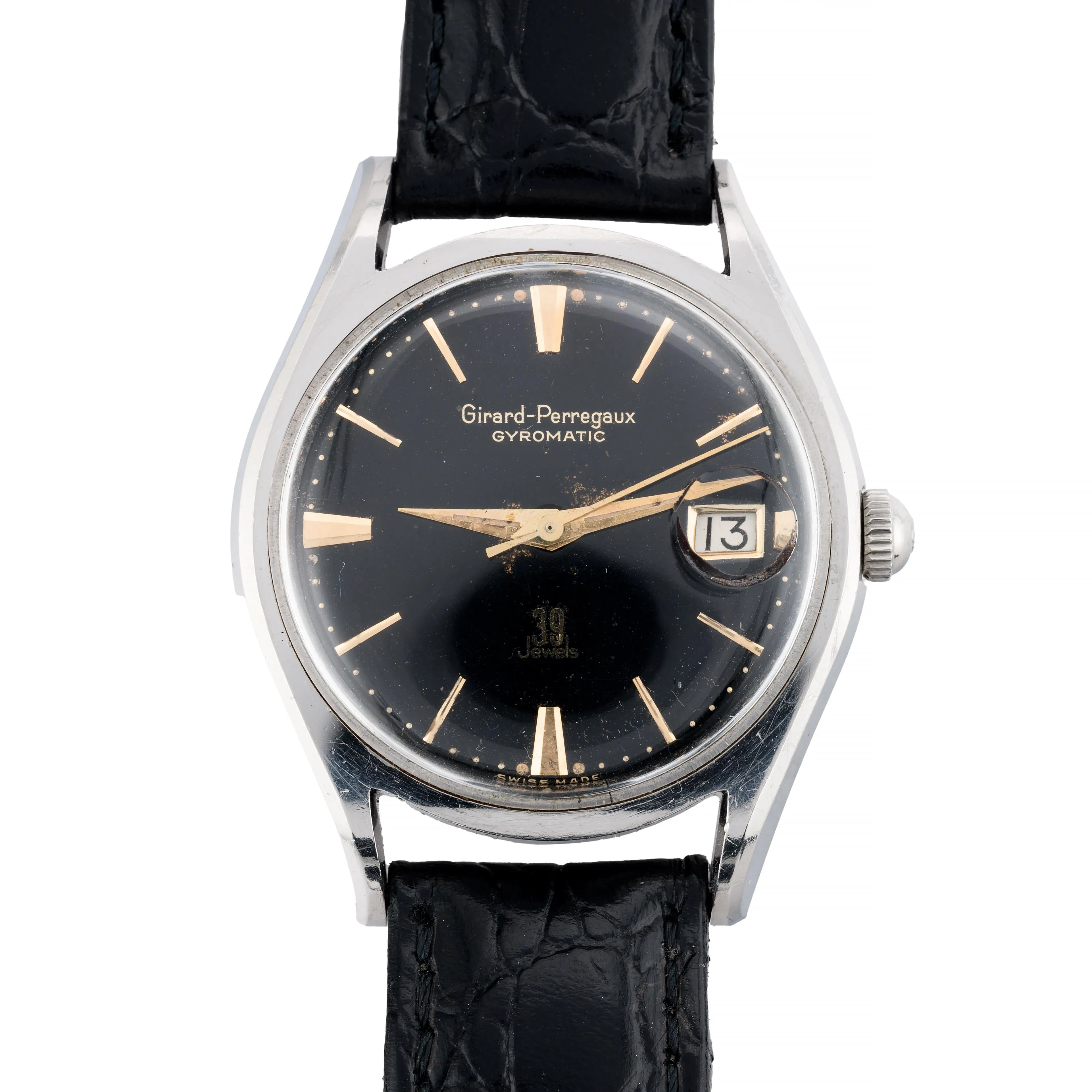 Girard Perregaux Gyromatic Vintage Black Gilt Dial Bombe Lug 1960's Mens Watch