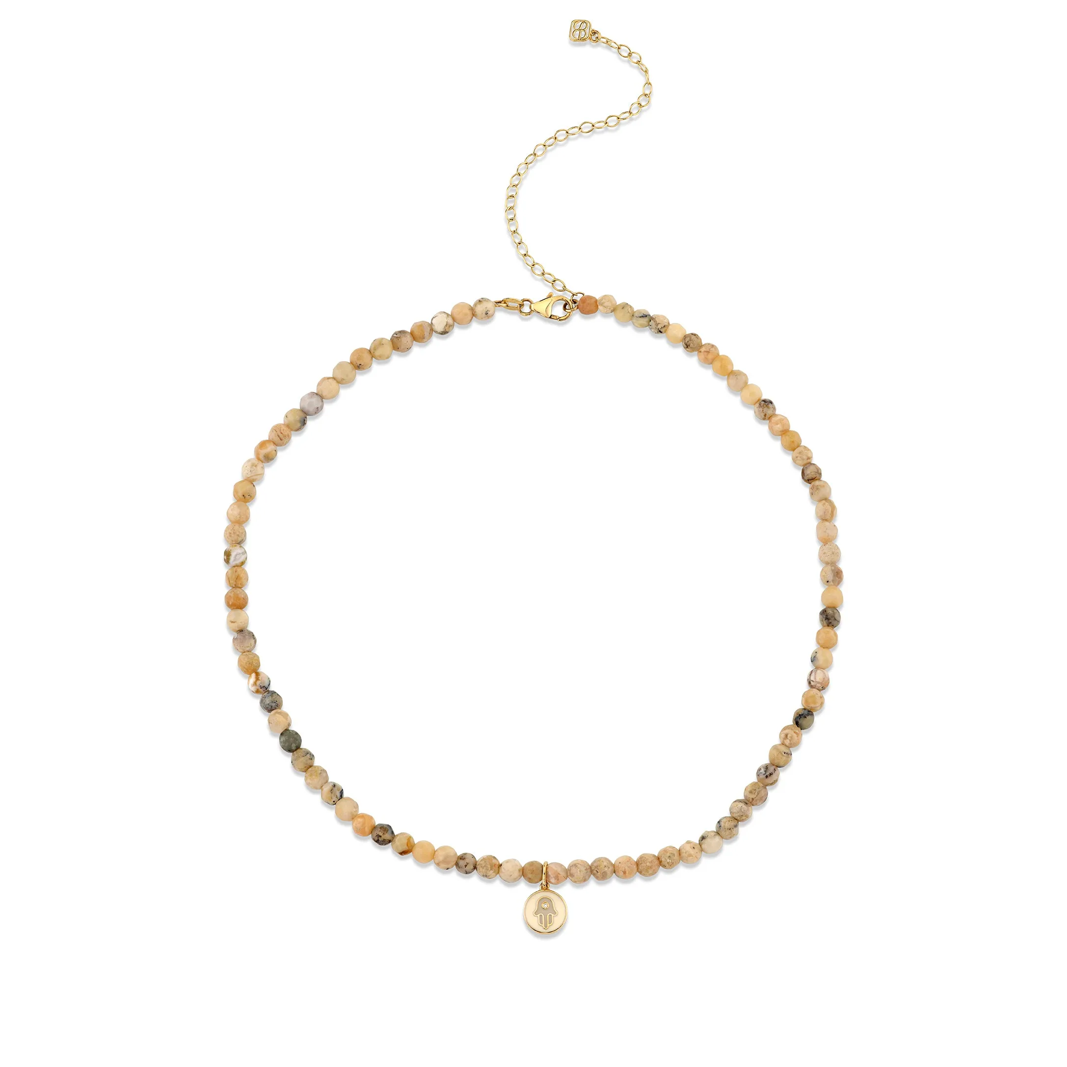 Gold & Diamond Tiny Hamsa Coin African Opal Necklace