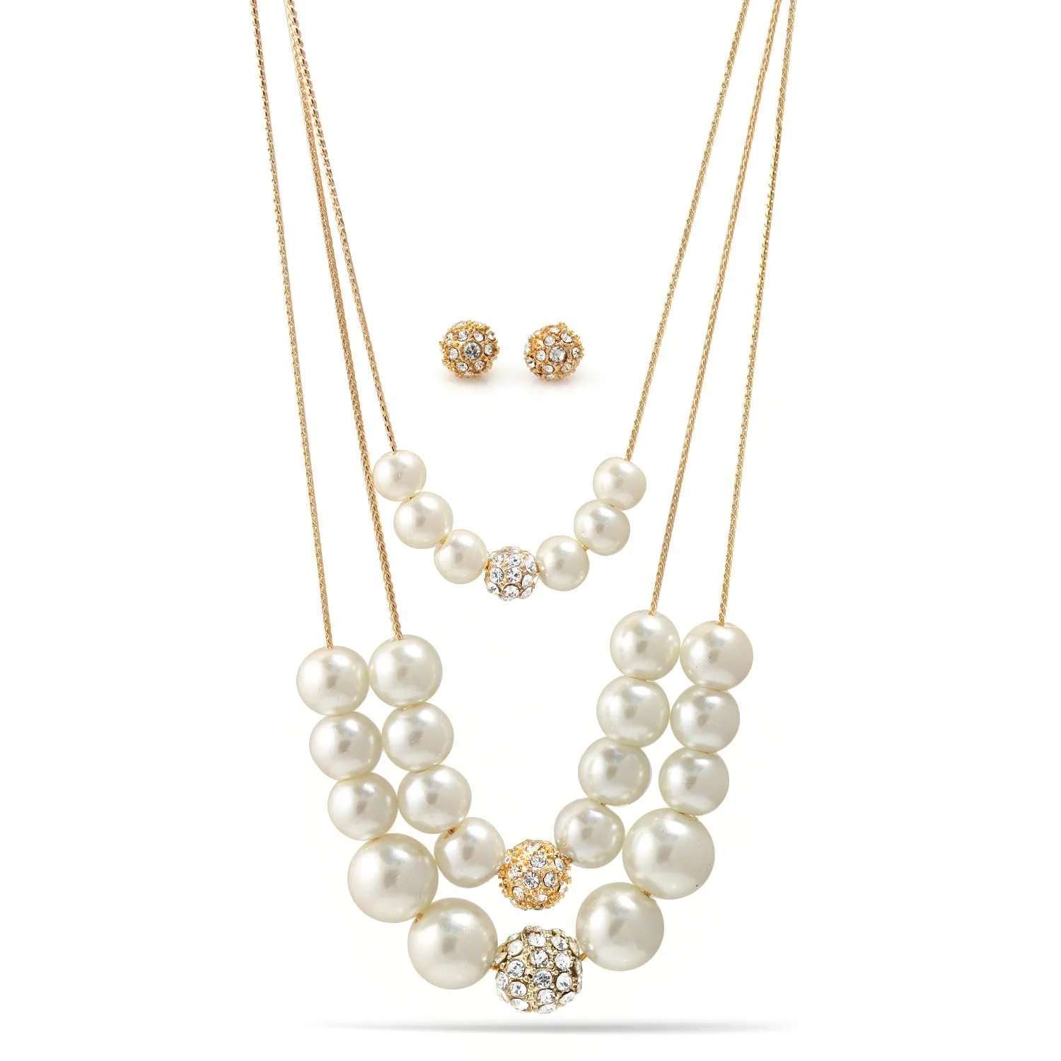 GOLD AND CREAM PEARL CRYSTAL NECKLACE AND EARRINGS SET #SWY-18017GDCM