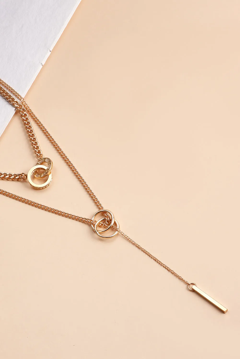 Gold Plated Double Layer O-Ring Long Stick Pendant Chain Necklace