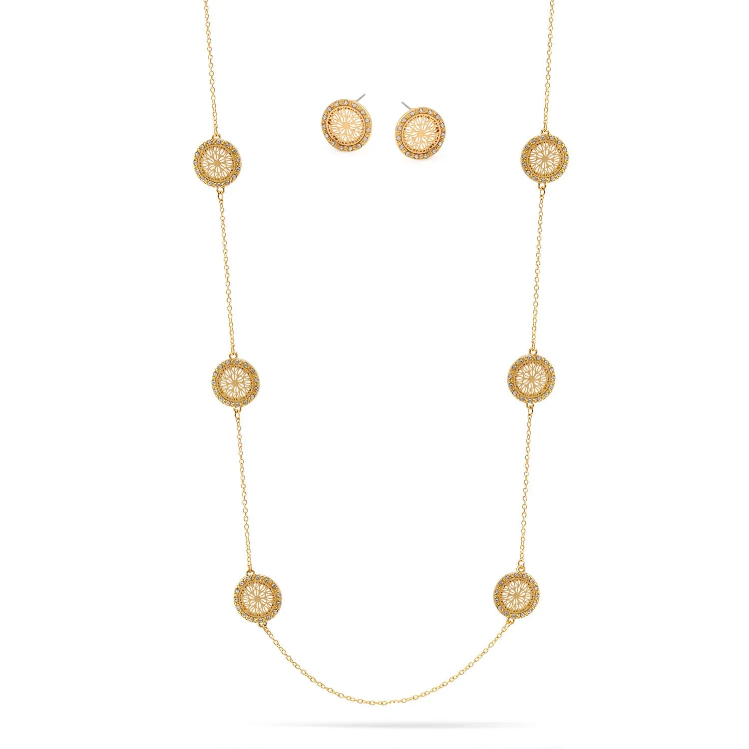 GOLD ROUND DISC CRYSTAL  NECKLACE AND EARRINGS SET #SWKK-11614GLD(OF13/OG13