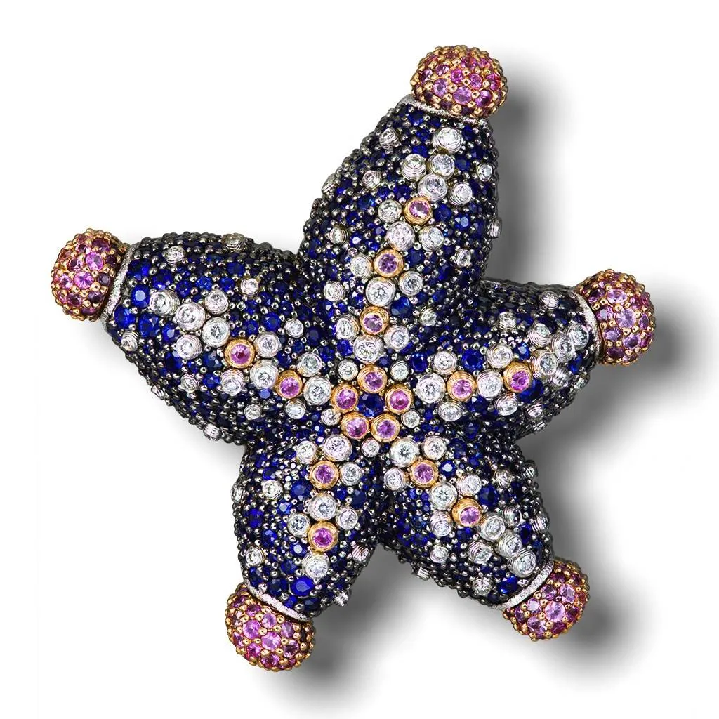 Gold Starfish Brooch with Diamonds and Sapphires