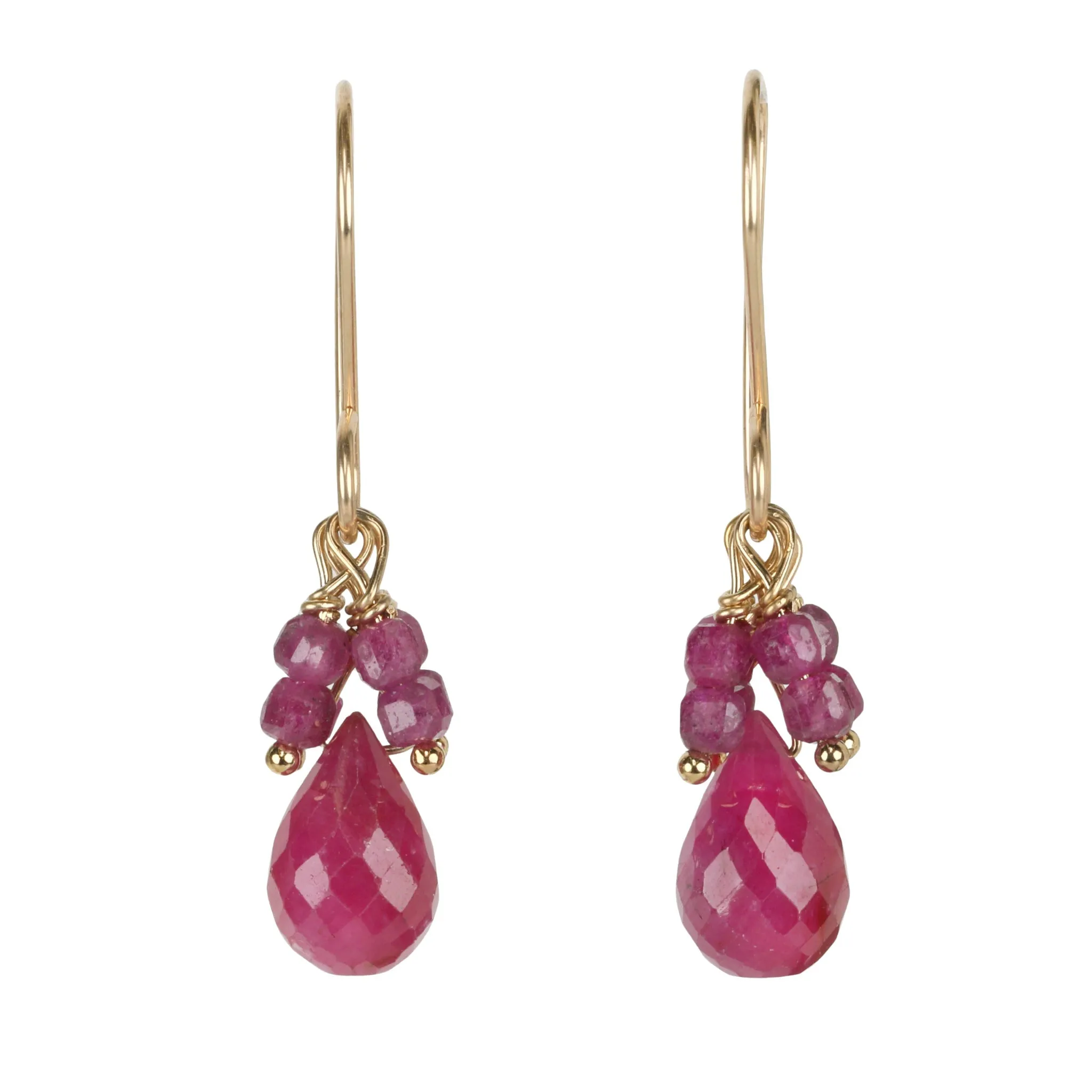 Gold Vermeil & Faceted Ruby Briolette Drop Earrings with Ruby Beaded Fringe Detail