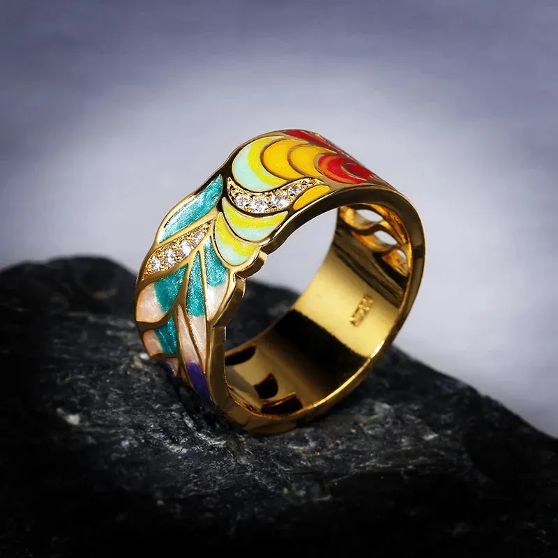 Golden Feather Zircon Ring for Women