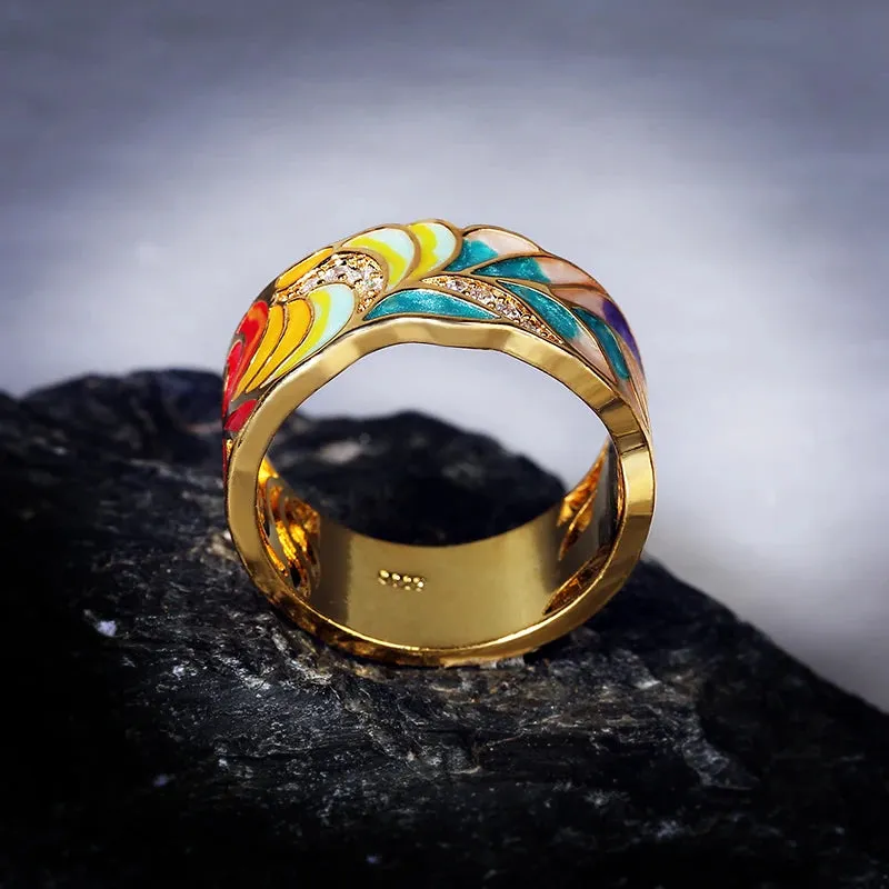 Golden Feather Zircon Ring for Women