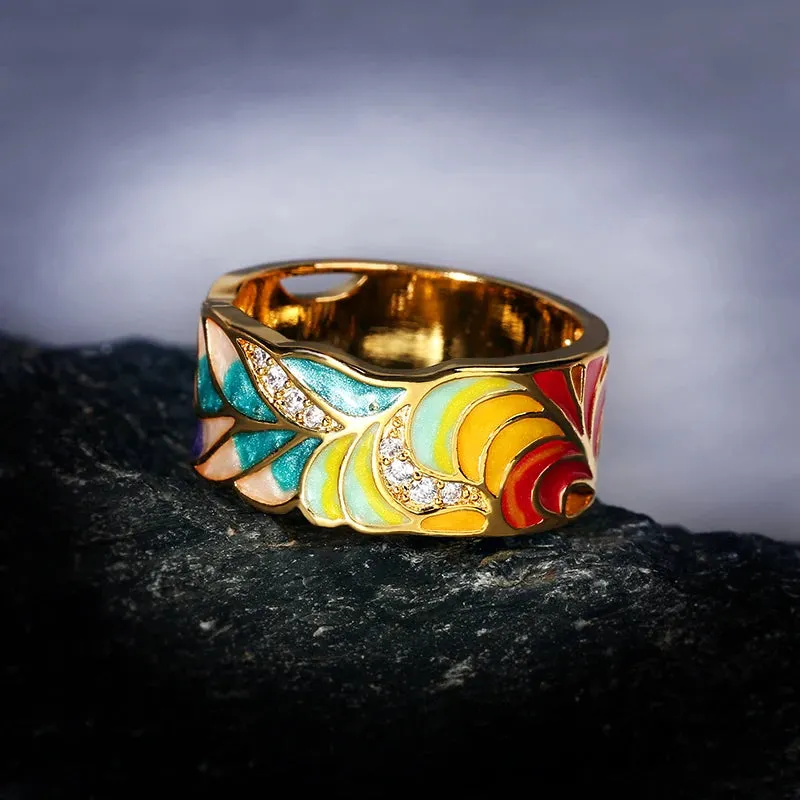 Golden Feather Zircon Ring for Women