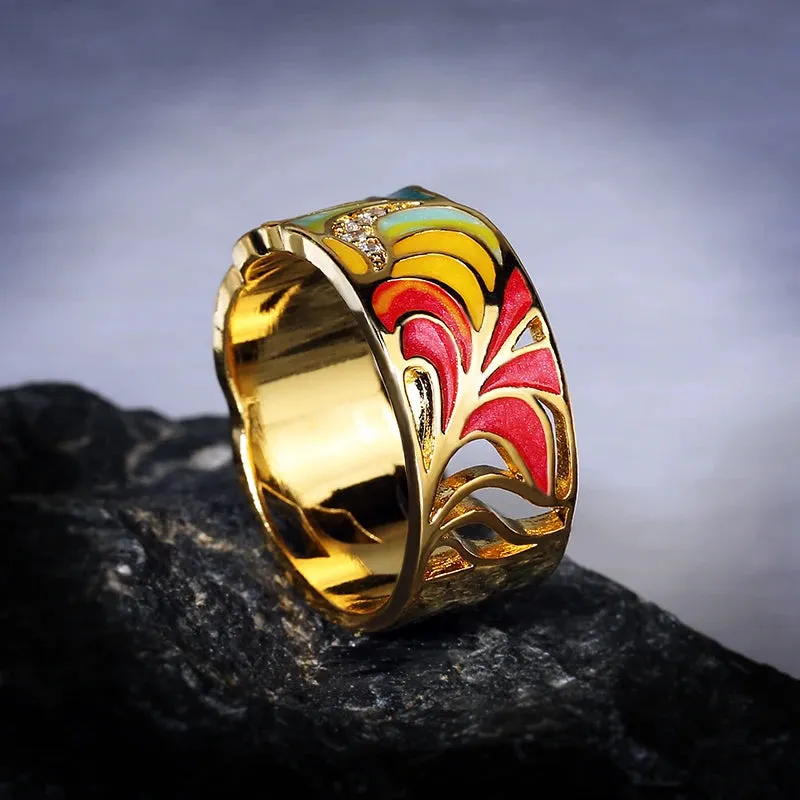 Golden Feather Zircon Ring for Women