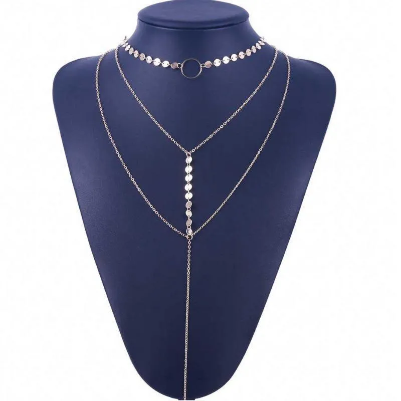 Gorgeous Three Layer Choker Necklace with Circle Pendant and Coin Details