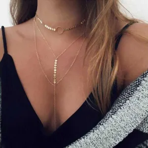 Gorgeous Three Layer Choker Necklace with Circle Pendant and Coin Details
