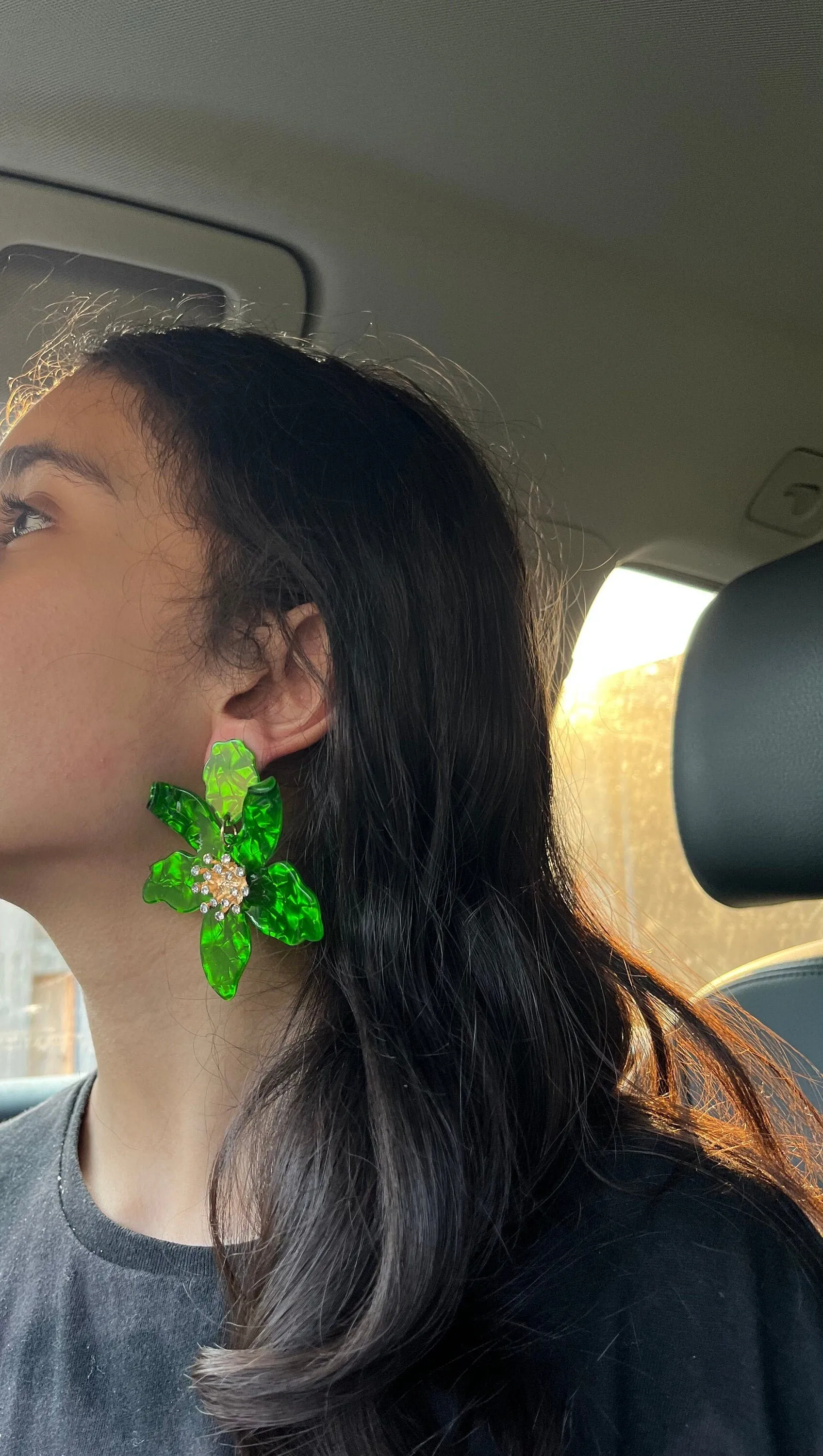 Green flower earrings , grass large green petal earrings , big green acrylic earrings ,bright green earrings