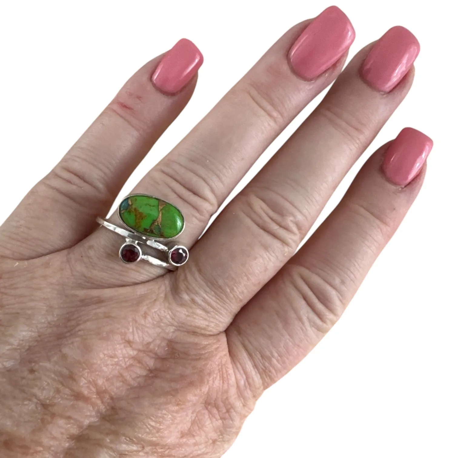 Green& Blue Turquoise & Garnet Solid 925 Sterling Silver Ring 8