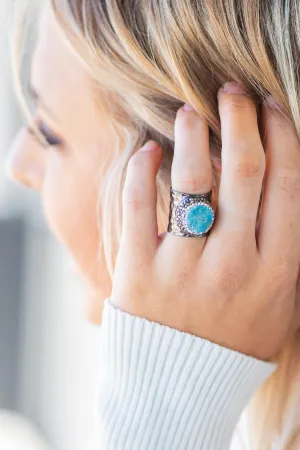 Gun Metal Sterling Silver Turquoise Druzy CZ Cigar Rings