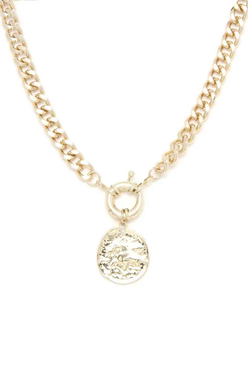 Hammered Coin Cuban Chain Link Metal Necklace