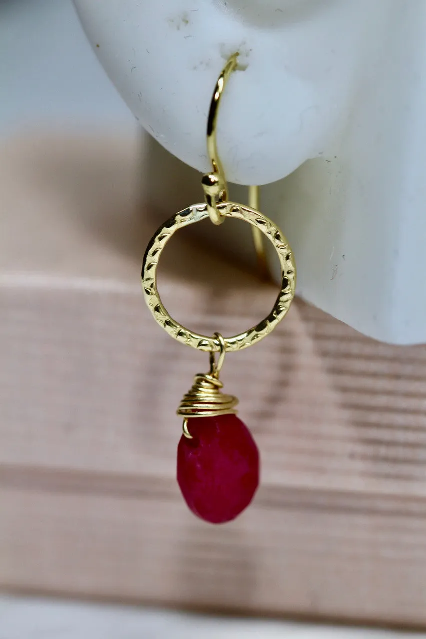 Handmade 14K Yellow Gold Ruby Earring, Red Gemstone Earring, 14K Yellow Gold Ruby Gemstone Earring, Minimal Jewelry, July Birthstone
