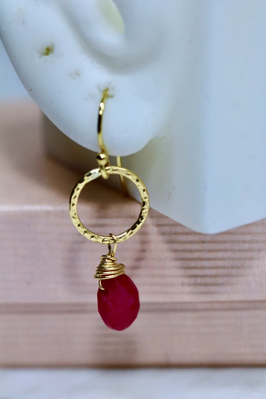 Handmade 14K Yellow Gold Ruby Earring, Red Gemstone Earring, 14K Yellow Gold Ruby Gemstone Earring, Minimal Jewelry, July Birthstone