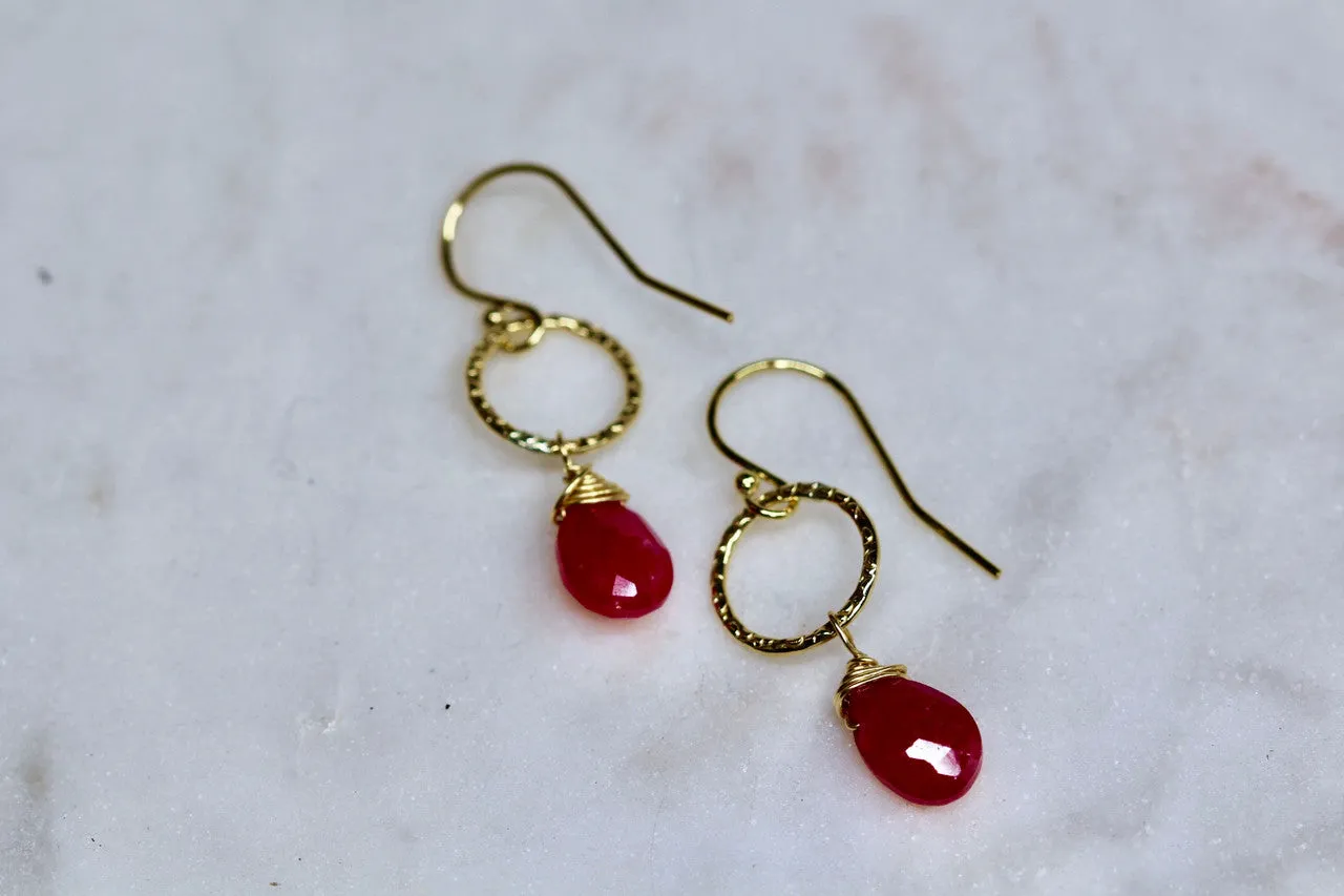 Handmade 14K Yellow Gold Ruby Earring, Red Gemstone Earring, 14K Yellow Gold Ruby Gemstone Earring, Minimal Jewelry, July Birthstone