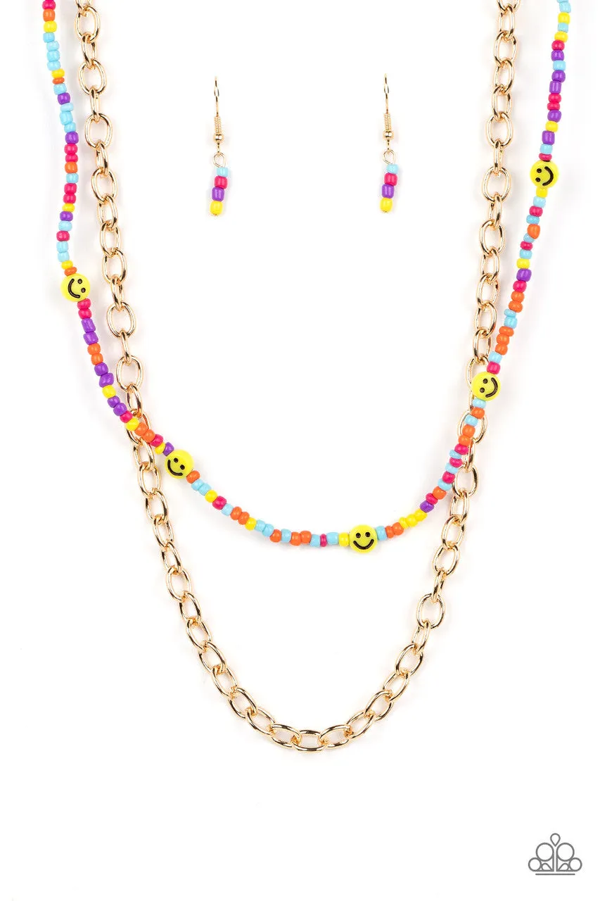 Happy Looks Good on You - Multi - Seed Bead Smiley Face Tiered Paparazzi Short Necklace - 2022 GLOW Convention Exclusive