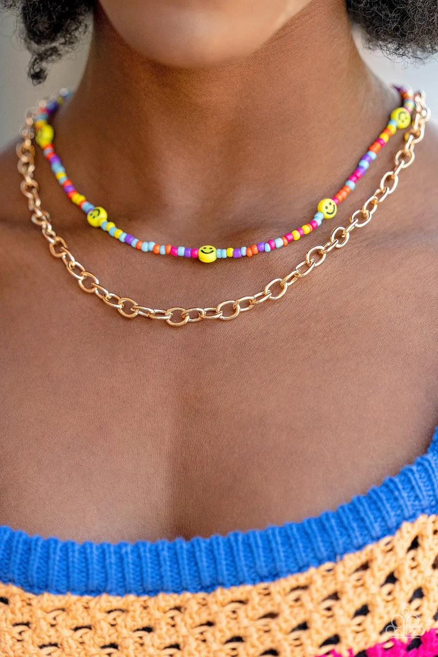 Happy Looks Good on You - Multi - Seed Bead Smiley Face Tiered Paparazzi Short Necklace - 2022 GLOW Convention Exclusive