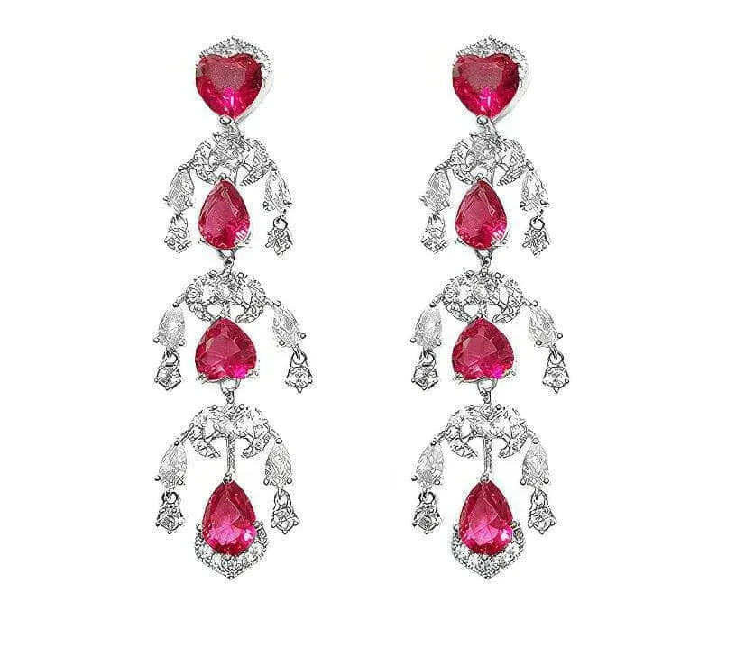 Heart Shaped Tassel Drop Ruby Crystal Earrings