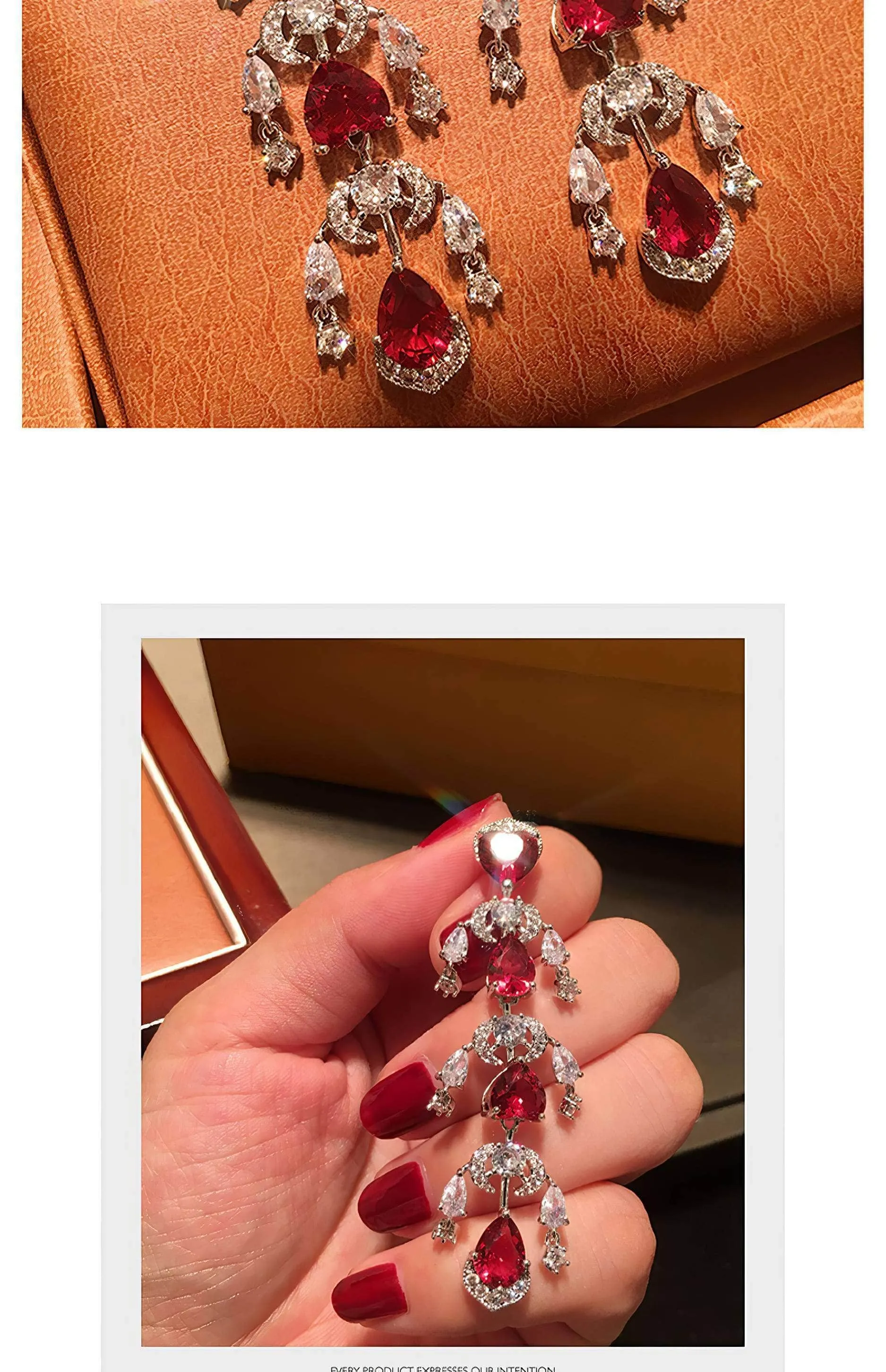 Heart Shaped Tassel Drop Ruby Crystal Earrings