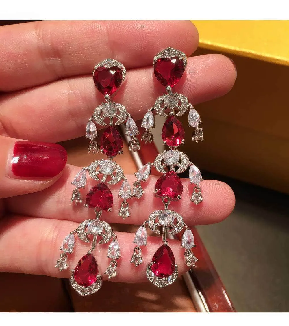 Heart Shaped Tassel Drop Ruby Crystal Earrings