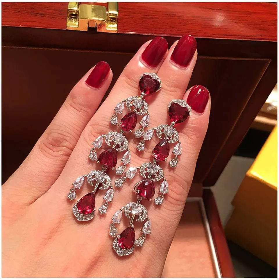 Heart Shaped Tassel Drop Ruby Crystal Earrings