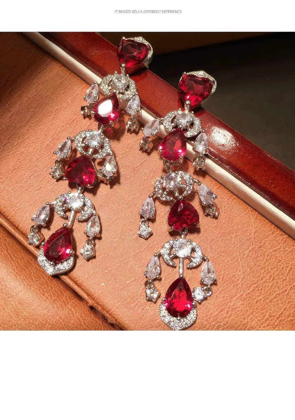 Heart Shaped Tassel Drop Ruby Crystal Earrings