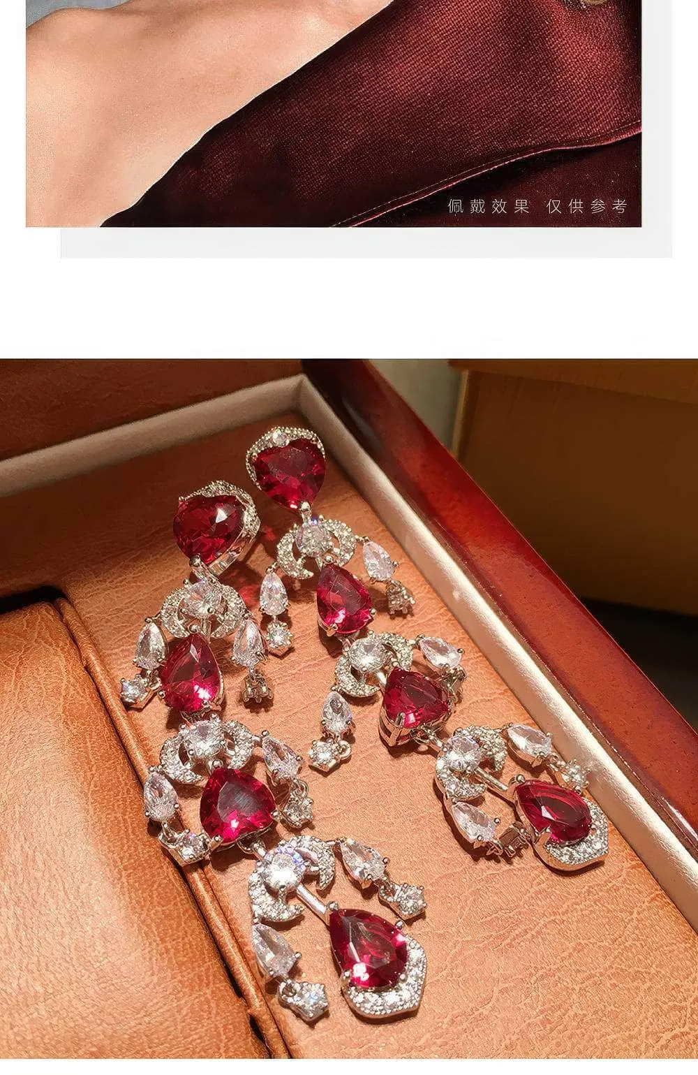 Heart Shaped Tassel Drop Ruby Crystal Earrings