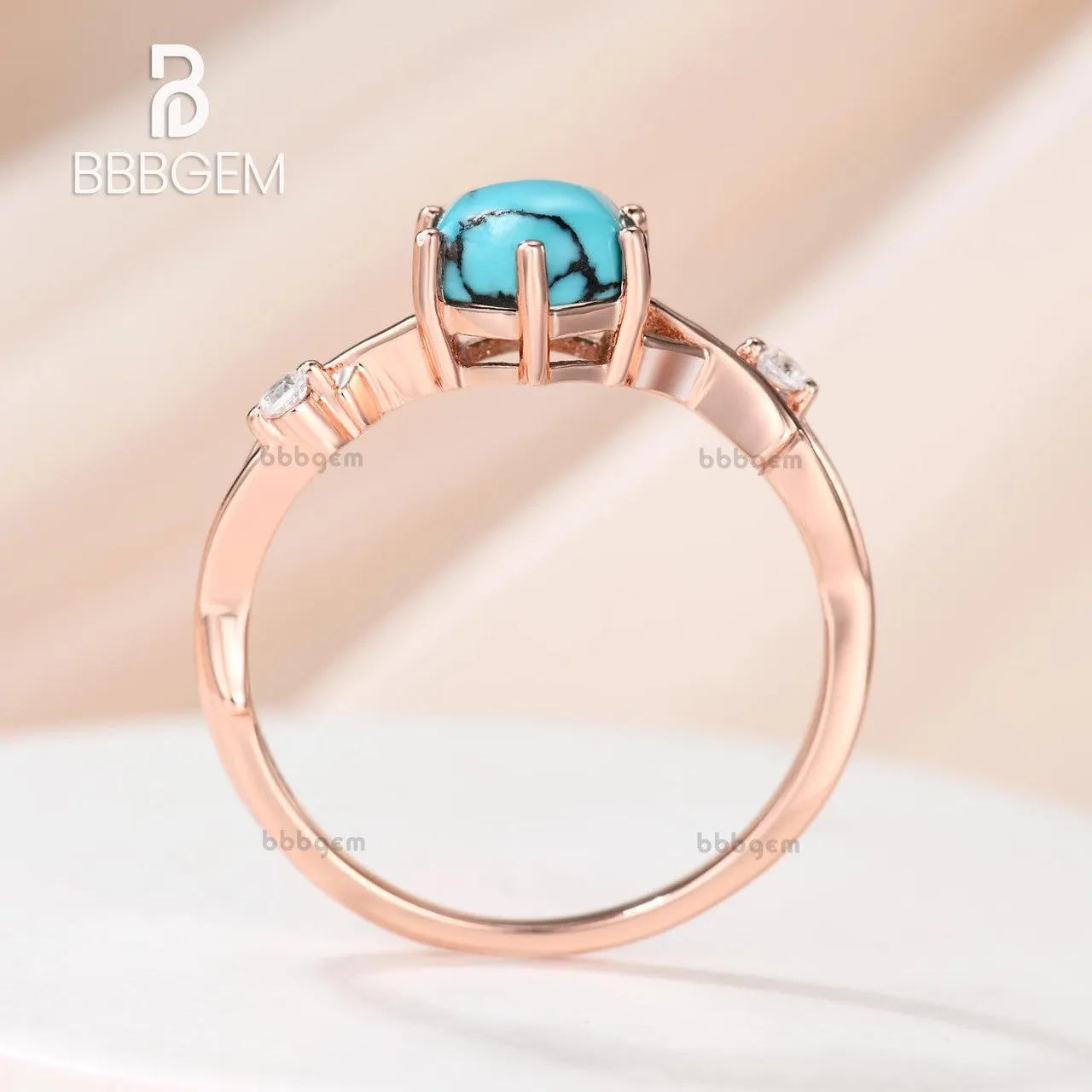 Hexagon Natural Cabochon Black Turquoise Engagement Ring With Winding Willow Diamond