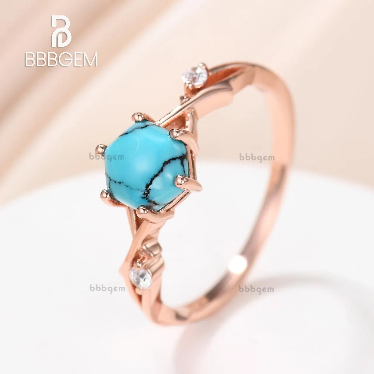 Hexagon Natural Cabochon Black Turquoise Engagement Ring With Winding Willow Diamond