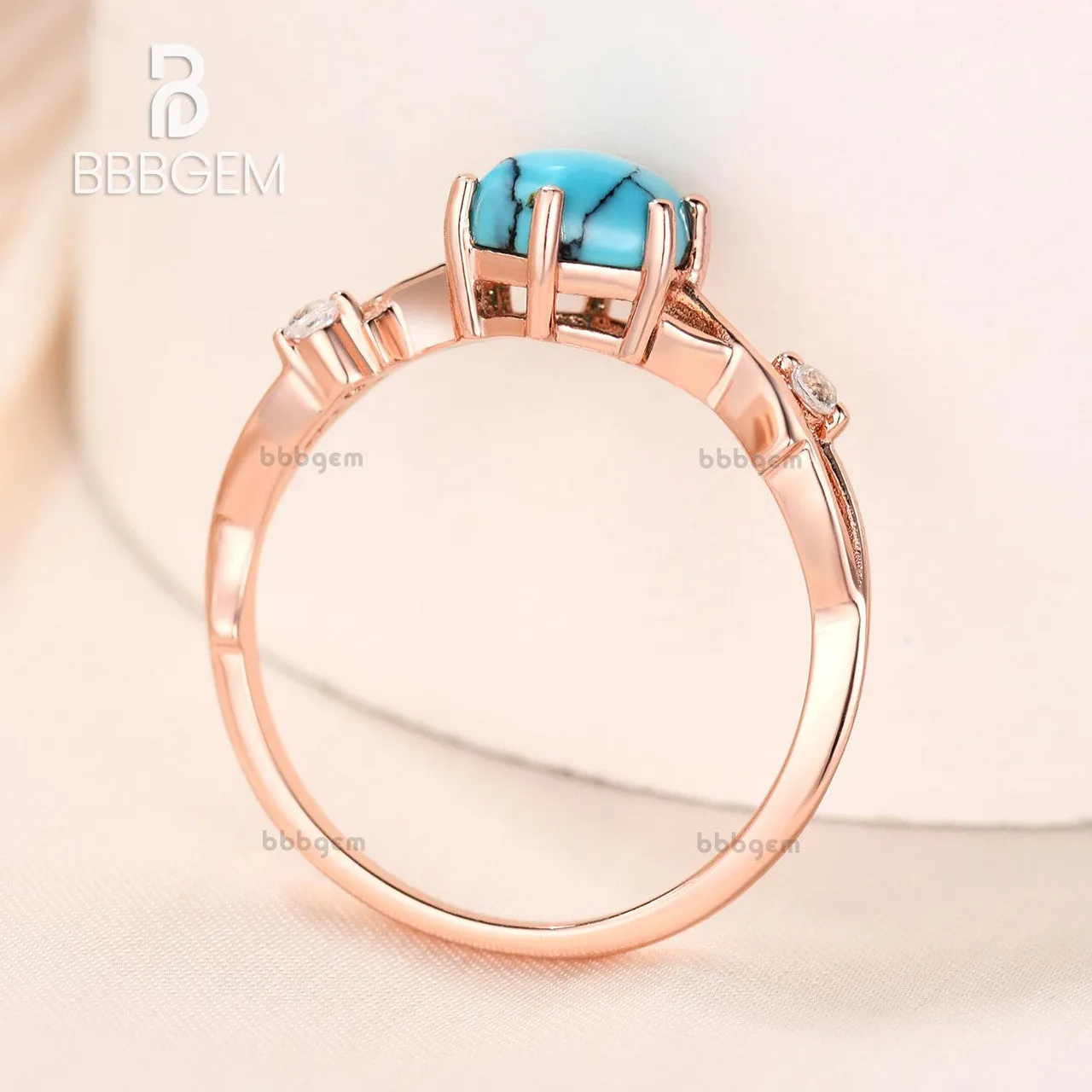 Hexagon Natural Cabochon Black Turquoise Engagement Ring With Winding Willow Diamond