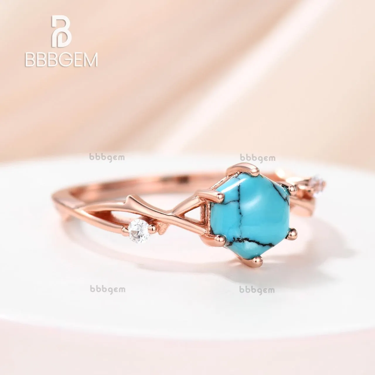 Hexagon Natural Cabochon Black Turquoise Engagement Ring With Winding Willow Diamond