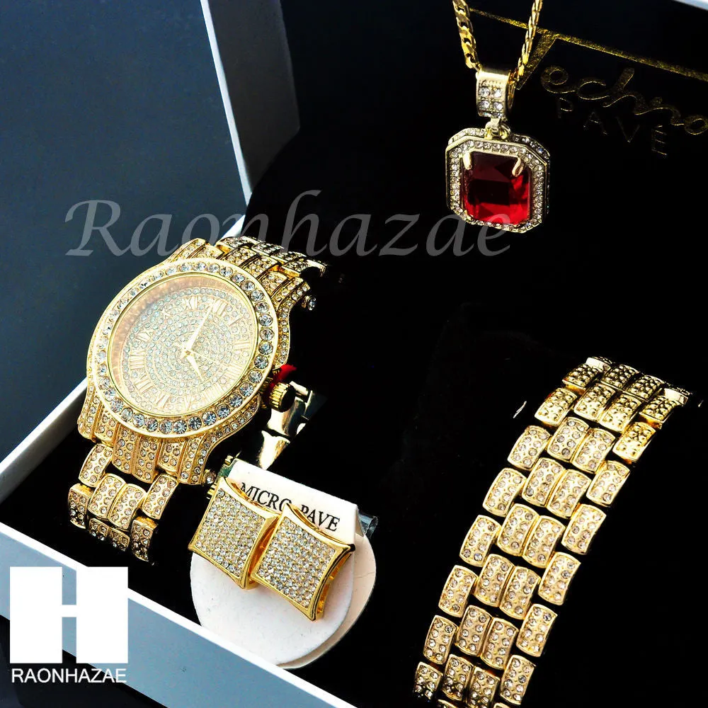 HIP HOP MEEK MILL LAB DIAMOND WATCH RUBY NECKLACE BRACELET EARRING S00