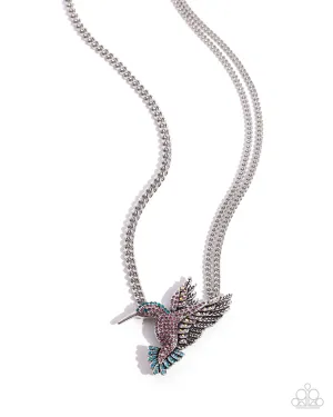 Hummingbird Headline - Purple - Blue, and Iridescent Rhinestone Encrusted Bird Paparazzi Short Necklace
