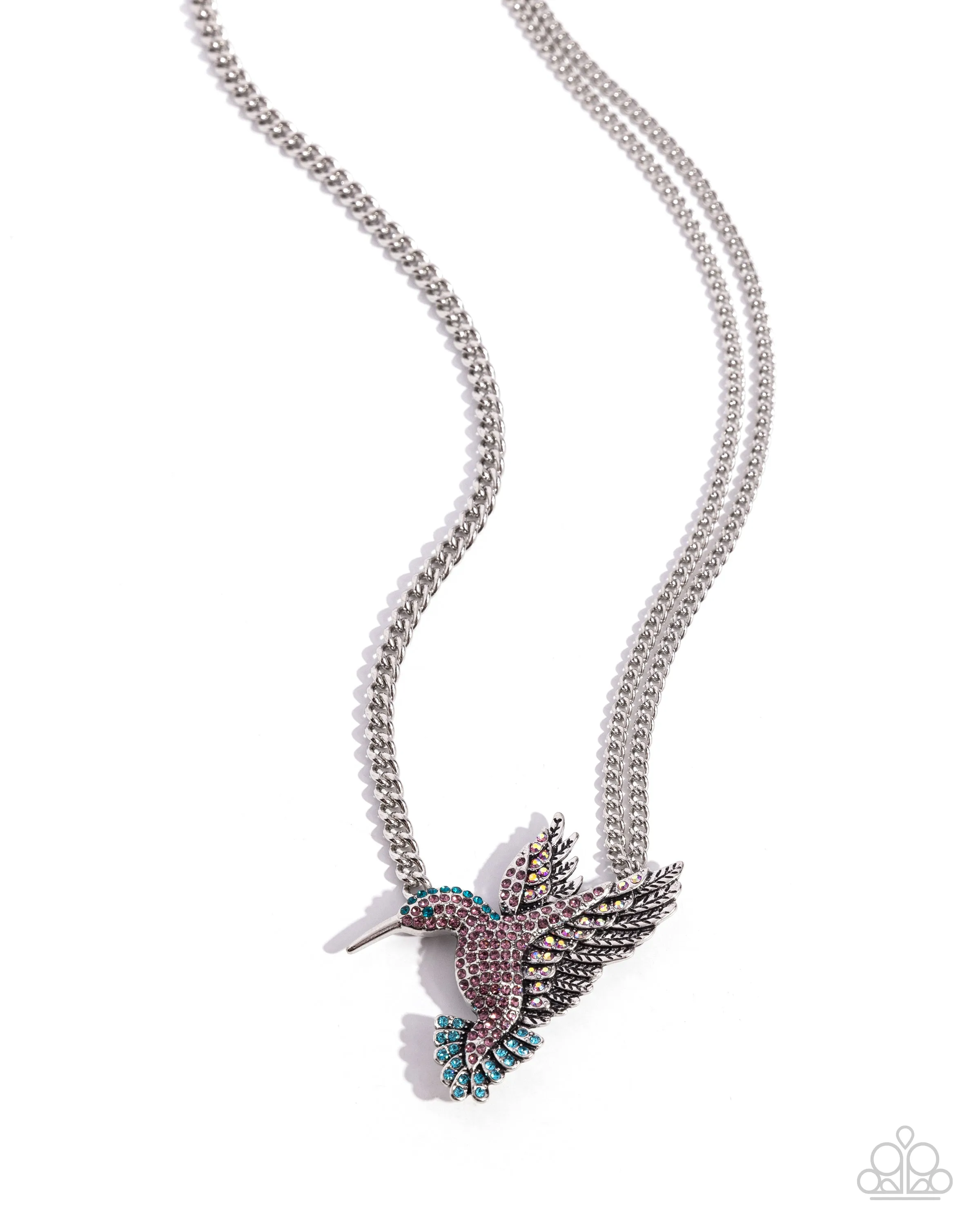 Hummingbird Headline - Purple - Blue, and Iridescent Rhinestone Encrusted Bird Paparazzi Short Necklace