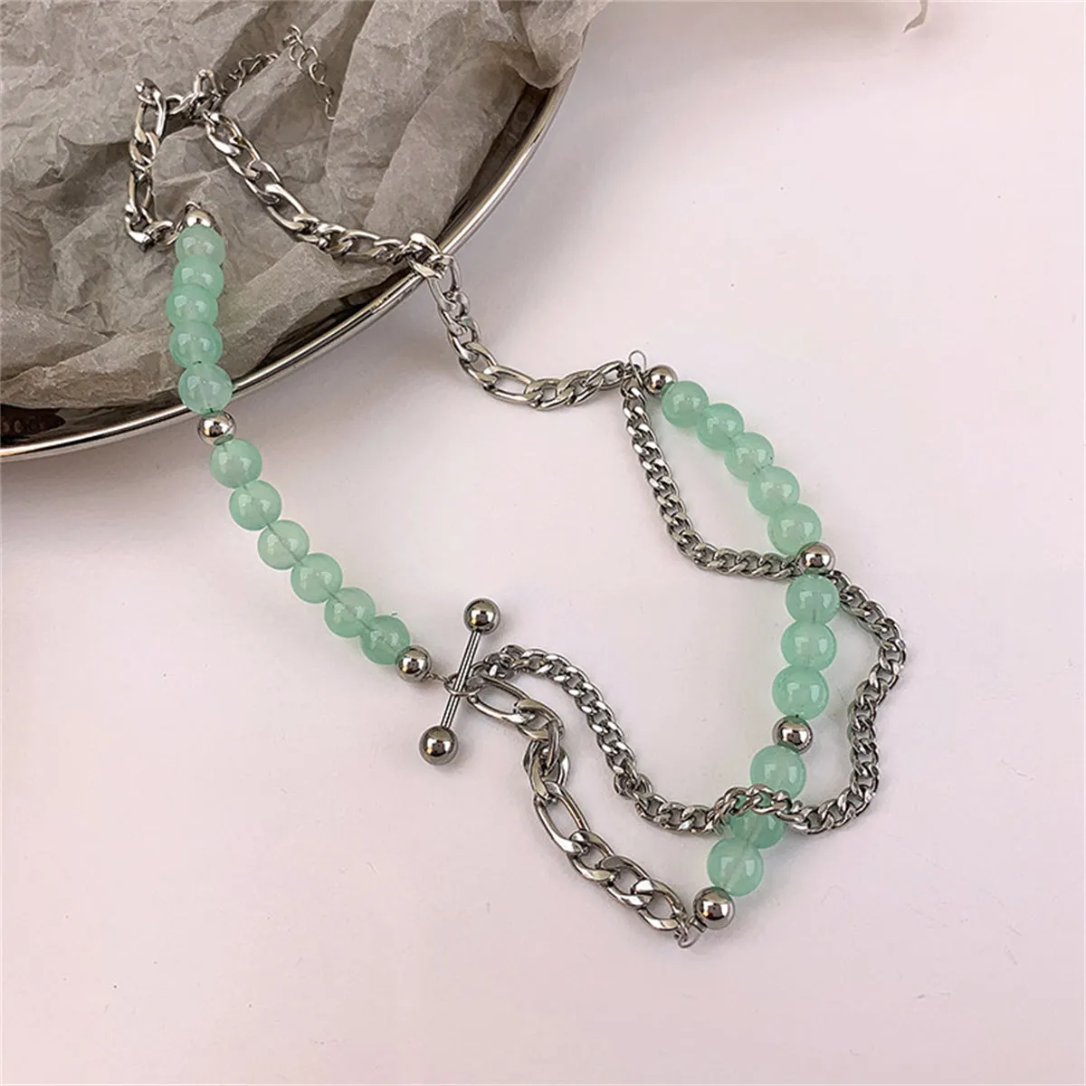 Jade & Silver-Plated Beaded Figaro Chain Layered Necklace