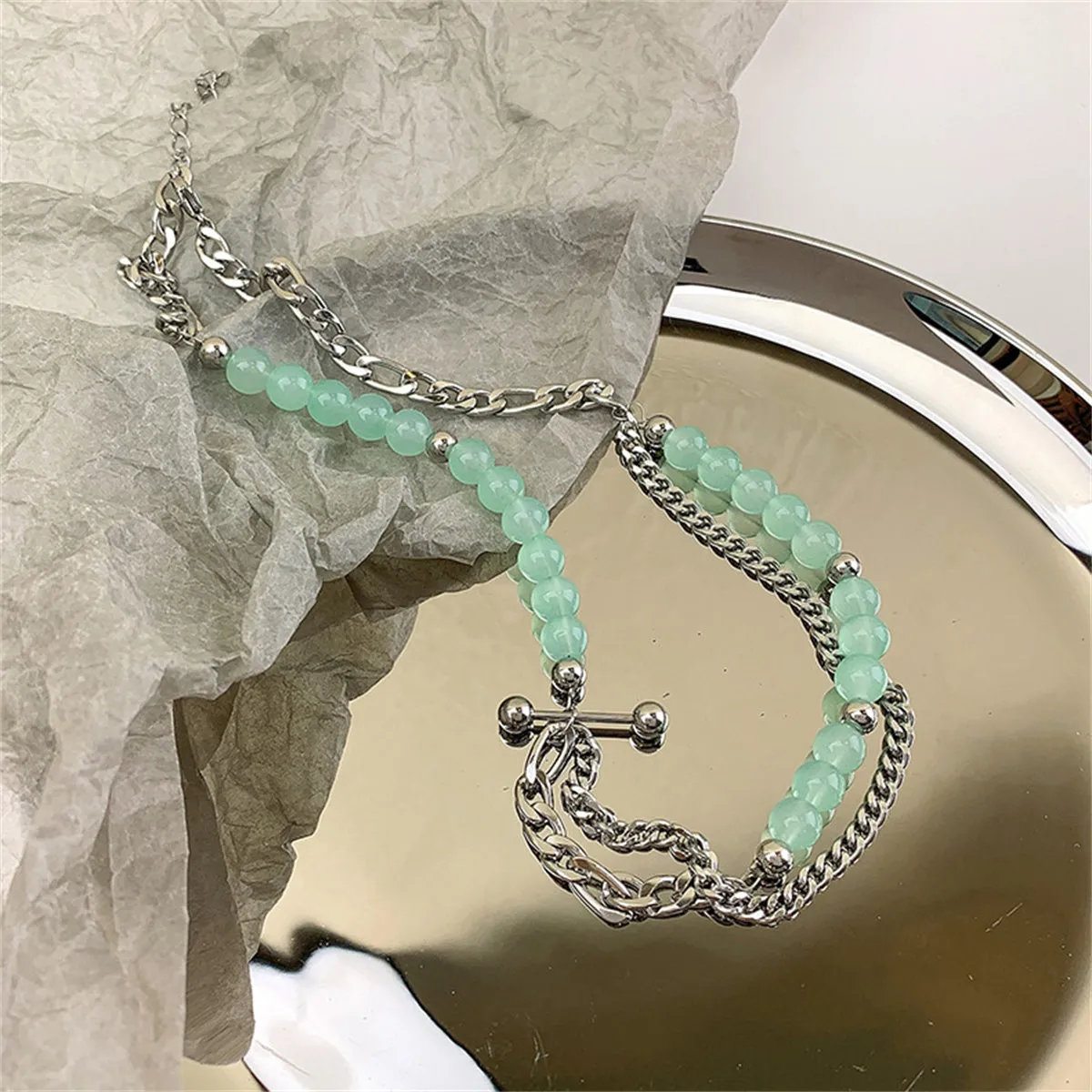 Jade & Silver-Plated Beaded Figaro Chain Layered Necklace