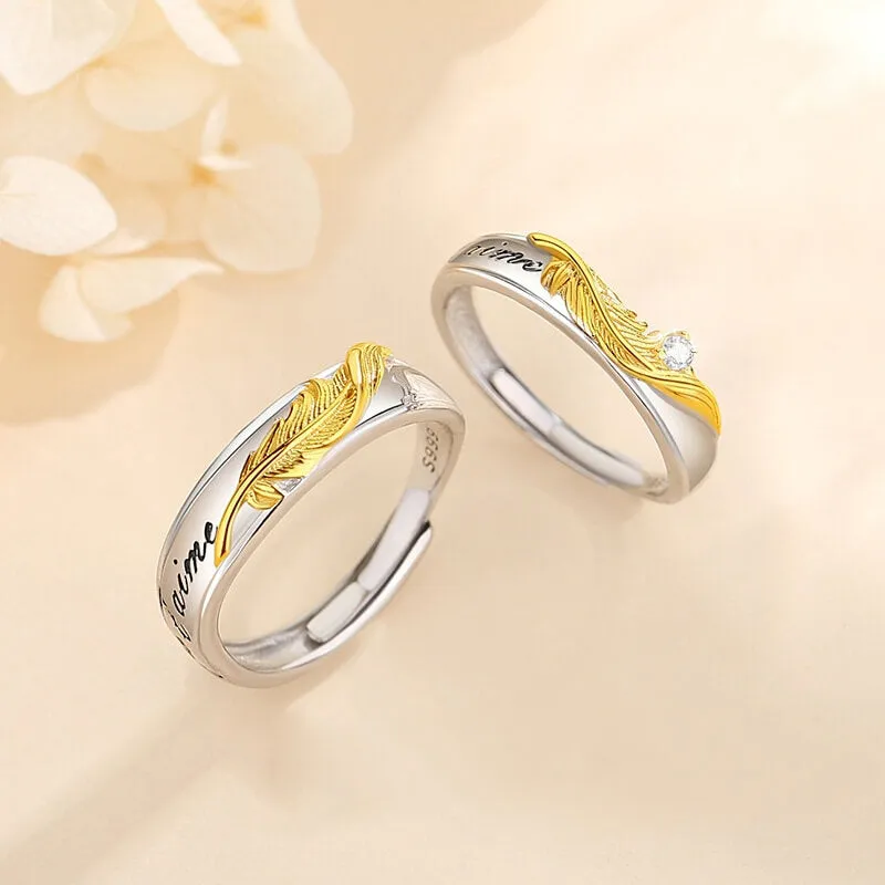 Je t'aime Golden Feather Two Tone Matching Rings