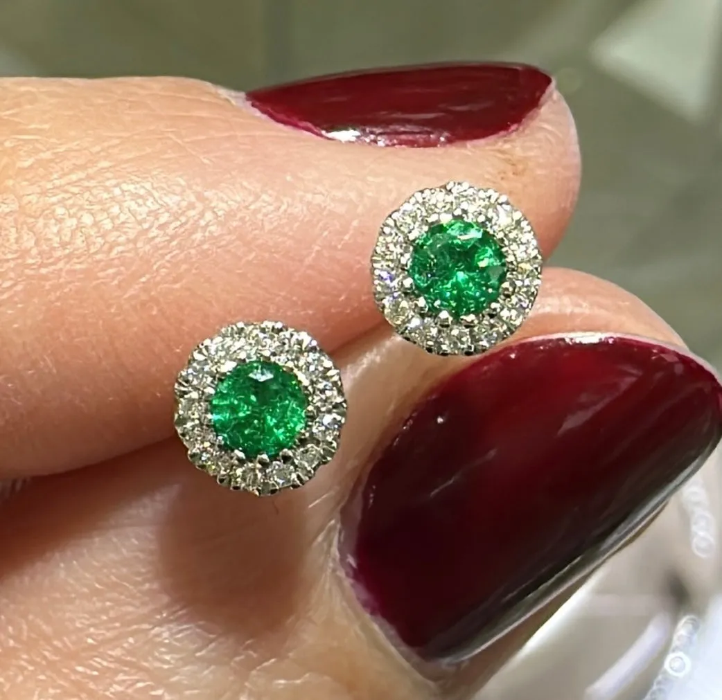 Ladies Green Emerald Diamond Stud Earrings