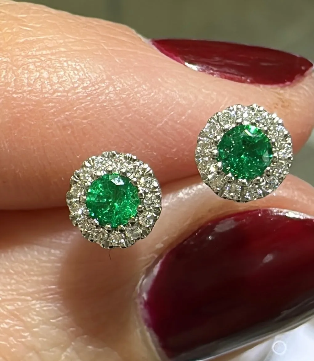 Ladies Green Emerald Diamond Stud Earrings