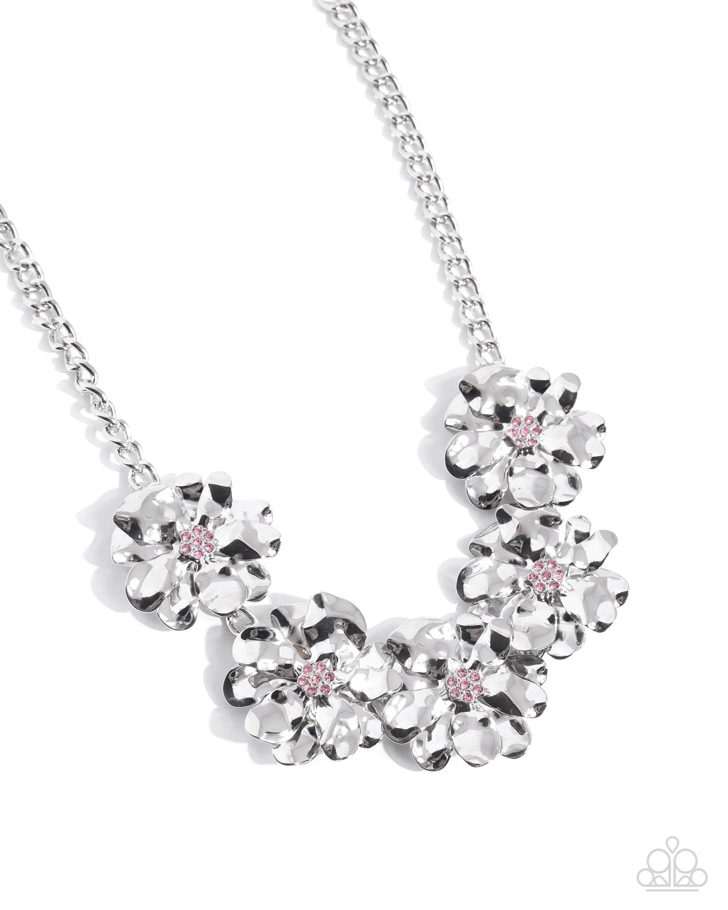 Laid-Back Luster - Pink - Rhinestone Center Silver Flower Paparazzi Short Necklace