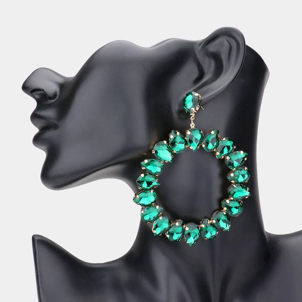 Large Emerald Crystal Teardrop Round Pageant Earrings  | 545341