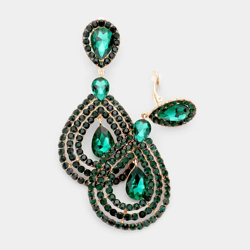Large Rhinestone Trimmed Emerald Crystal Teardrop Clip On Earrings | 427526